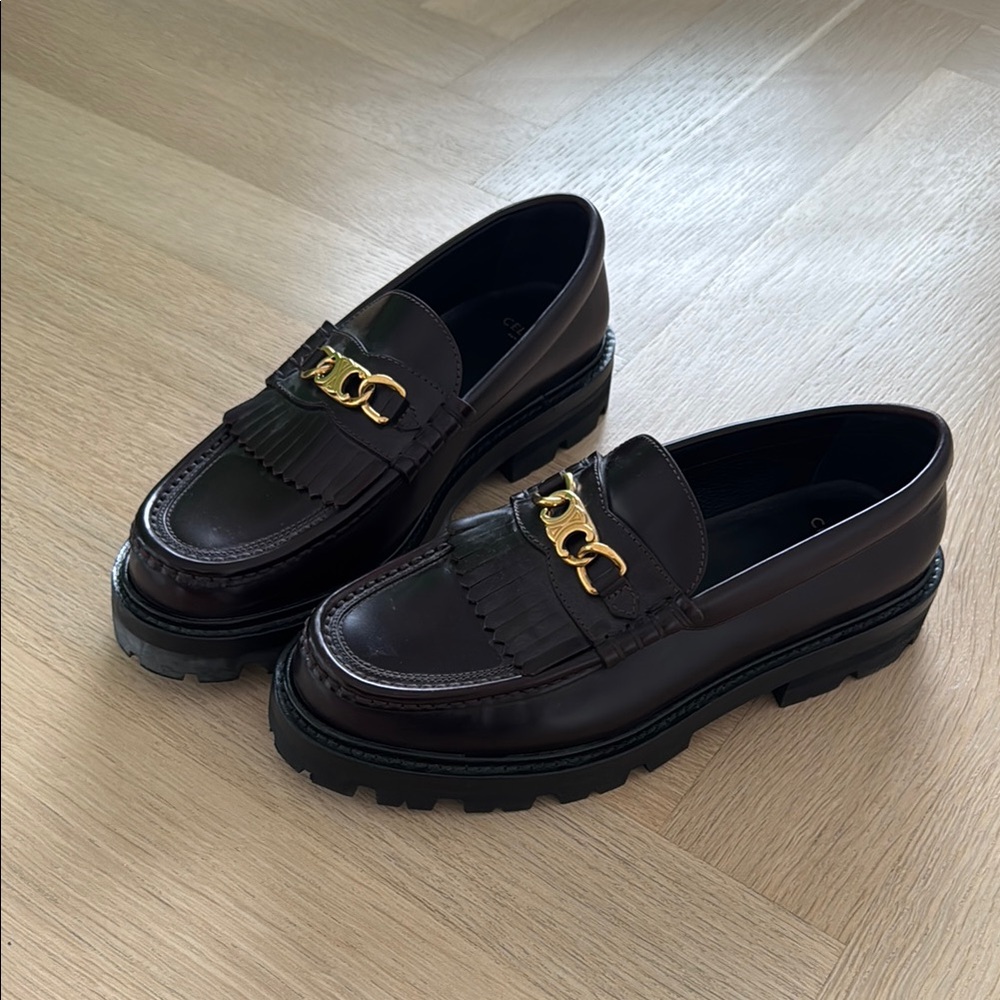 Celine Loafers Brown with Gold Logo Size 38